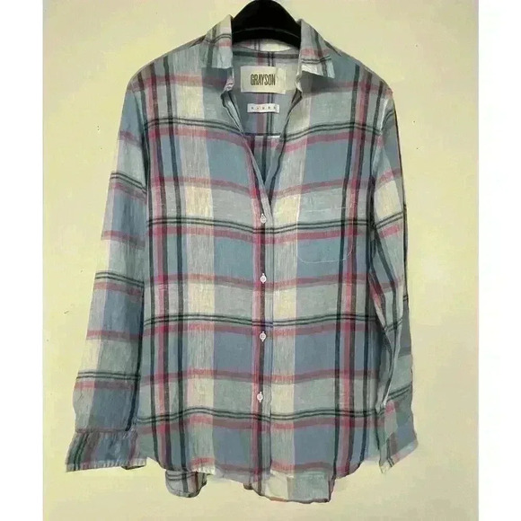 GRAYSON by Anthropologie The Hero Pink Blue Plaid Linen Shirt NEW Size Medium - Picture 5 of 7
